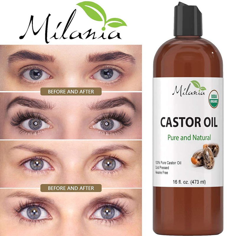 Premium Organic Castor Oil - 100% Pure and Hexane-Free Cold-Pressed Beauty & Skincare Serum - Eyelash & Eyebrow Hair Growth Enhancer - Natural Conditioner, Skin Moisturizer, Laxative for Men & Women MILANIA
