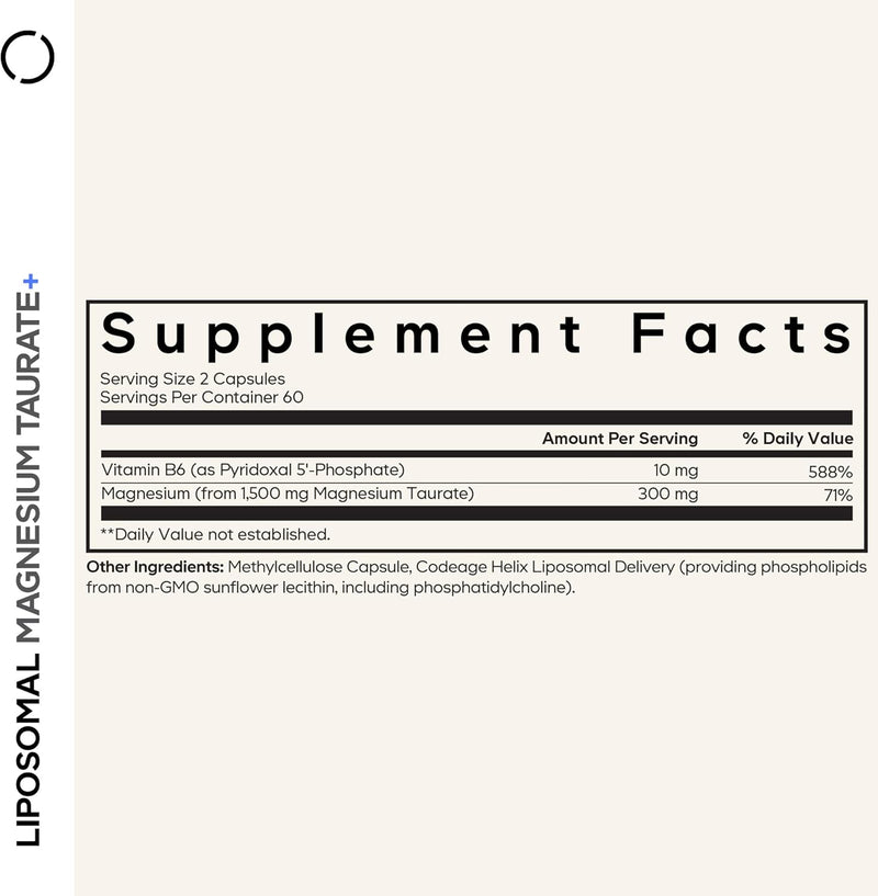 Codeage Liposomal Magnesium Taurate+ Supplement - Magnesium Taurate, Vitamin B6 as Pyridoxal 5-Phosphate, 2-Month Supply - Liposomal Delivery, Vegan, Non-GMO, Gluten-Free, 120 Capsules Infinity Warehouse