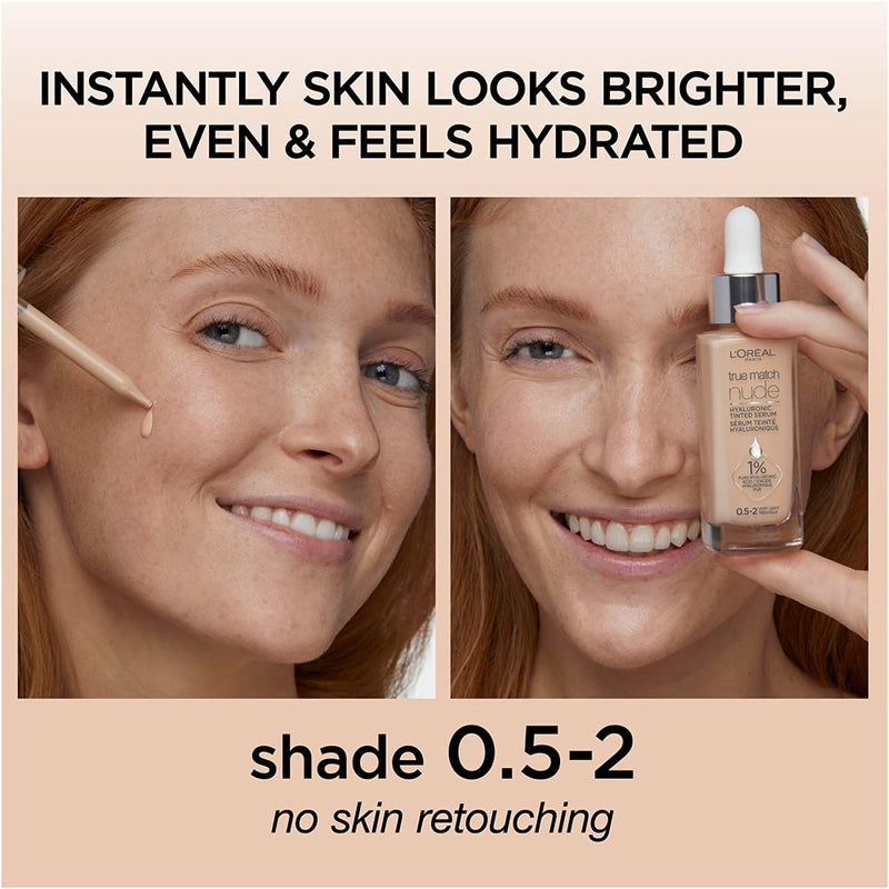L'Oreal Paris True Match Nude Hyaluronic Tinted Serum The 1st Tinted serum with 1% Hyaluronic acid Instantly skin looks brighter, even and feels hydrated Makeup + Skincare, Very Light 0.5-2, 1 fl. oz. L'Oreal Paris