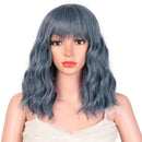 Relena Short Wavy Wig with Bangs Mixed Blue Curly Wavy Bob Wigs for Women 14 inch Shoulder Length Synthetic Blue Wig Women's Colorful Cosplay Party Wig Heat Resistant Fiber Hair Relena