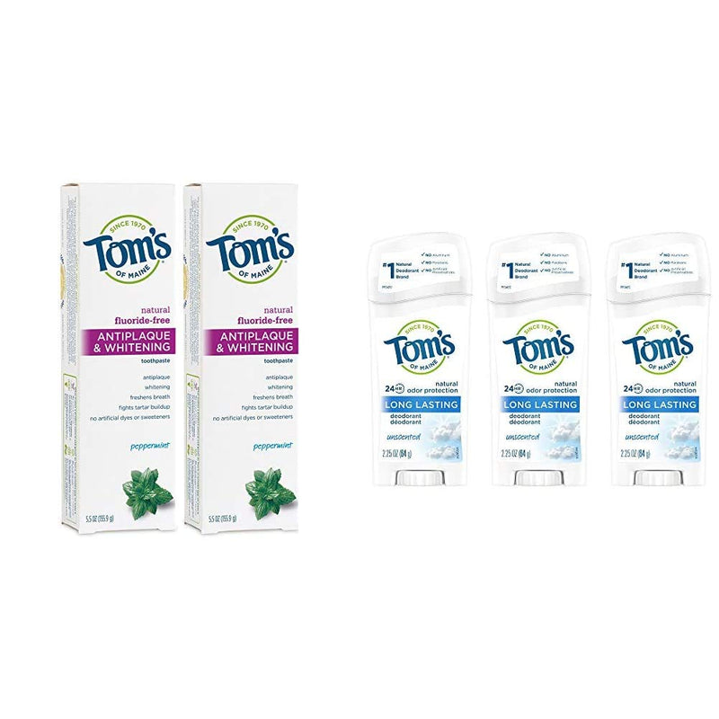 Tom's of Maine Fluoride-Free Antiplaque & Whitening Toothpaste, Whitening Toothpaste with Tom's of Maine Long Lasting Deodorant, Natural Deodorant, Deodorant, Unscented, 2.25 Ounce, Pack of Tom's of Maine