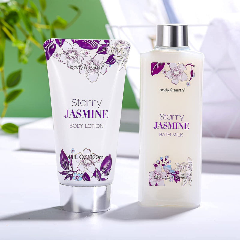 Gift Set for Women - Spa Gift Baskets for women Body & Earth 11 Pcs Jasmine Scented Women Bath Set Gift Basket with Bubble Bath, Shower Gel, Body Lotion & Scrub and More, Valentines Gifts for Women BODY & EARTH