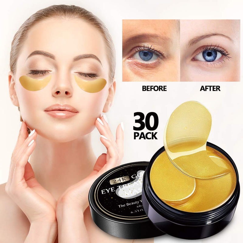 24k Gold Eye Masks-with Collagen Under Eye Patches, Dark Circles Under Eye Gel Treatment Masks, Under Eye Pads For Puffy Eyes,Under Eye Bags ,Anti-Wrinkle, Moisturizing Improves Elasticity 30 PAIRS VANELC