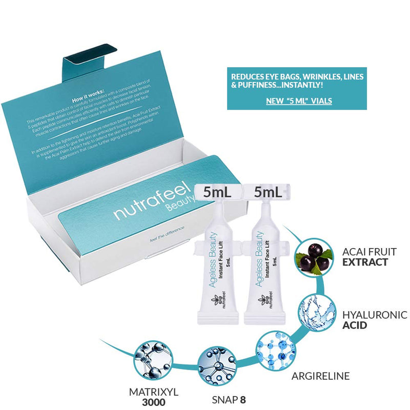 Ageless Beauty Instant Face Lift with Hyaluronic Acid | Acai Extract | Argireline | Matrixyl 3000 - Drastically Reduces Eye Bags, Wrinkles, Lines & Puffiness | Tighten Skin Instantly (10mL - 2 Vials) Nutrafeel