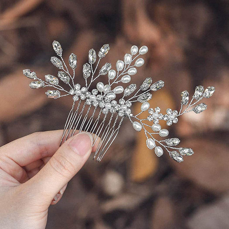 Yean Flower Bride Wedding Hair Comb Silver Crystal Bridal Hair Piece Pearl Hair Clips Hair Accessories for Women and Girls Yean
