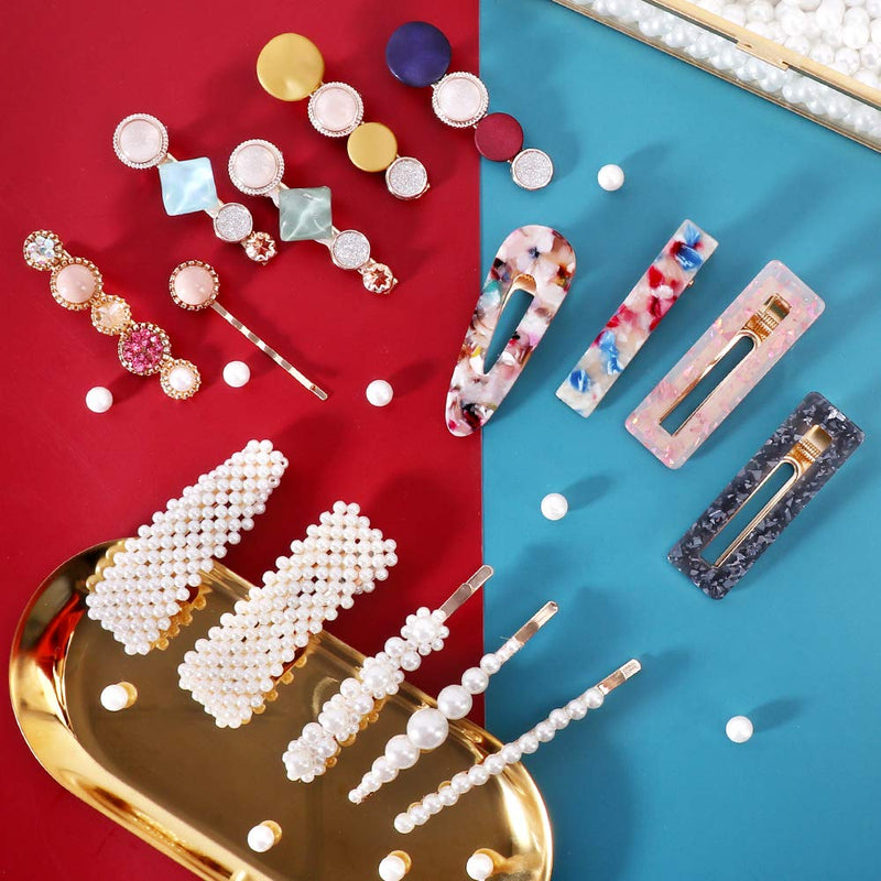 28 PCS Hingwah Pearls and Acrylic Resin Hair Clips, Handmade Hair Barrettes, Marble Alligator bobby pins, Glitter Crystal Geometric Hairpin, Elegant Gold Hair Accessories, Gifts for Women Girls Magicsky