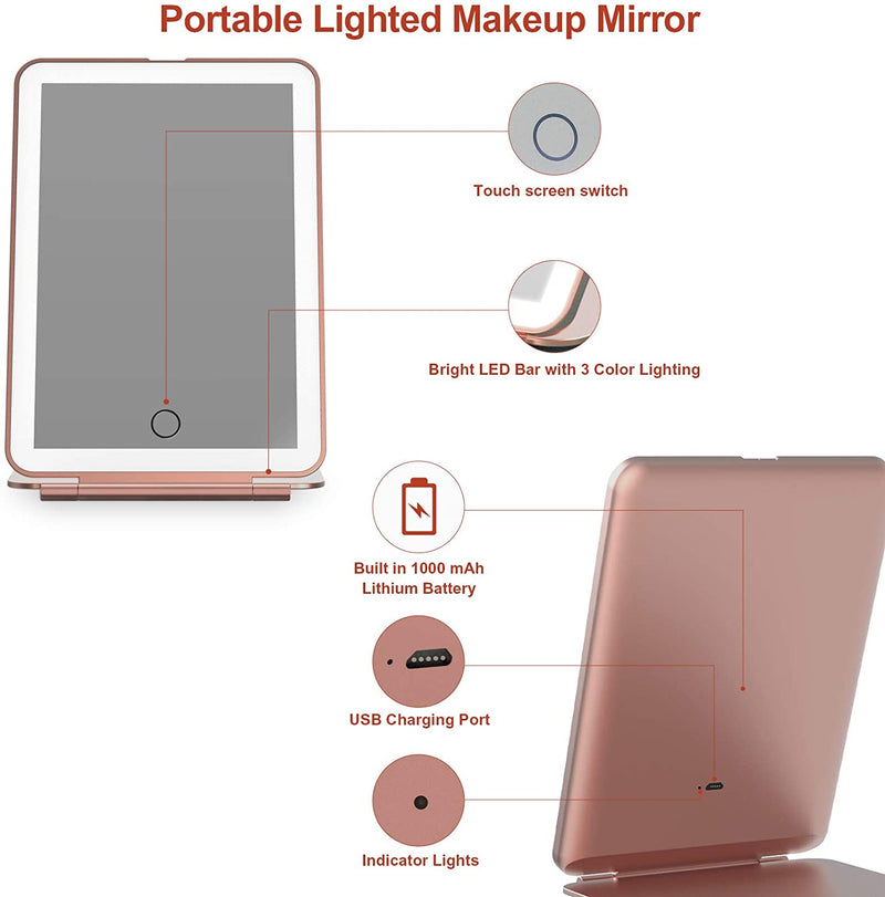 Rechargeable Makeup Vanity Mirror with 72 Led Lights, Lighted Travel Portable Light up Beauty Mirror, 3 Color Lighting, Dimmable Touch Screen, Tabletop Desk LED Foldable Cosmetic Mirror with Lights FUNTOUCH