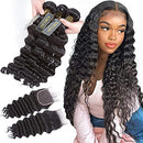 QTHAIR 12A Brazilian Loose Deep Wave Human Hair Bundles with Closure(12" 14" 16"+10",Natural Black) 130% Density Swiss Lace Brazilian Human Hair Lace Closure 100% Unprocessed Brazilian Virgin Hair QTHAIR