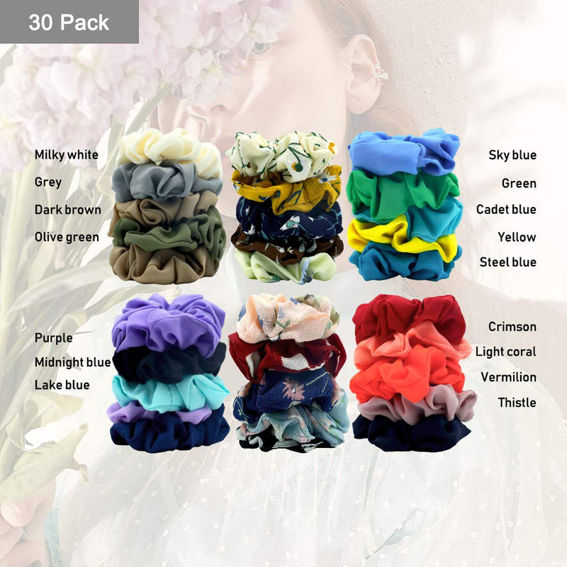 30 Pcs Chiffon Flower Hair Scrunchies and 50Pcs Black Elastic Hair Bands Soft Cotton Scrunchies Design Printed Flower Hair Ties for Women or Girls Hair Accessories with Gift Bag Yanwenx