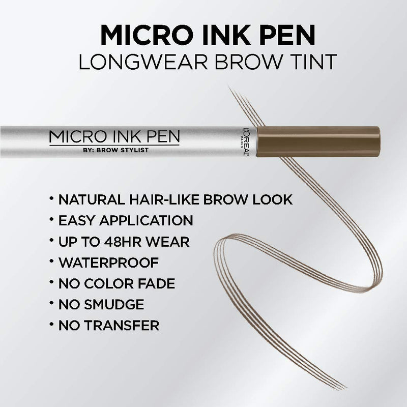 L'Oreal Paris Micro Ink Pen by Brow Stylist, Longwear Brow Tint, Hair-Like Effect, Up to 48HR Wear, Precision Comb Tip, Brunette, 0.033 fl; oz. L'Oreal Paris