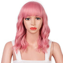 Relena Pastel Wavy Pink Wig with Bangs Short Wavy Bob Wig for Women Shoulder Length Curly Bob Wig Women's Cosplay Wig Synthetic Colorful Costume Wigs(14", Pink) Relena
