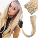Clip in Remy Hair Extensions Human Hair Rooted Hairpiece for Women 8 inch Short Seamless Clip on Real Hair Skin Weft Thin 8pcs Weft Straight Full Head Natural Bleach Blonde