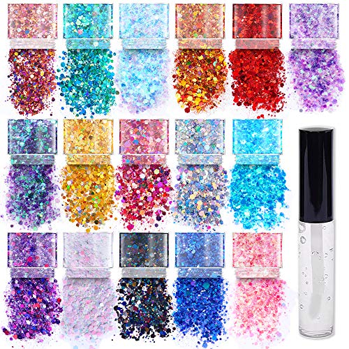 Chunky Cosmetic Holographic Glitter I Body, Face & Hair Safe I 16 Pack + 1 Glitter Glue SoJourner Bags