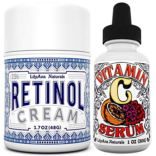 LilyAna Naturals Retinol Cream Moisturizer 1.7 Oz and Vitamin C Serum 1 Oz Bundle - For Face and Eyes, Men and Women - Daily use for Acne, Anti Wrinkle, Anti Aging, Fades Age Spots and Sun Damage LilyAna Naturals