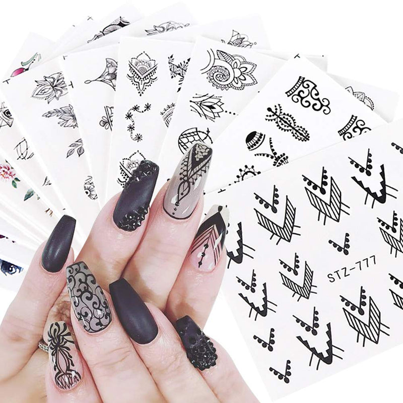 13 Sheets Black Nail Art Stickers Water Transfer Decals Nail Supplies Decorations Accessories with Flowers Necklace Jewelry Dream Catcher Feather Design Foil Tattoo for DIY Nail Manicure Tips ARTEM