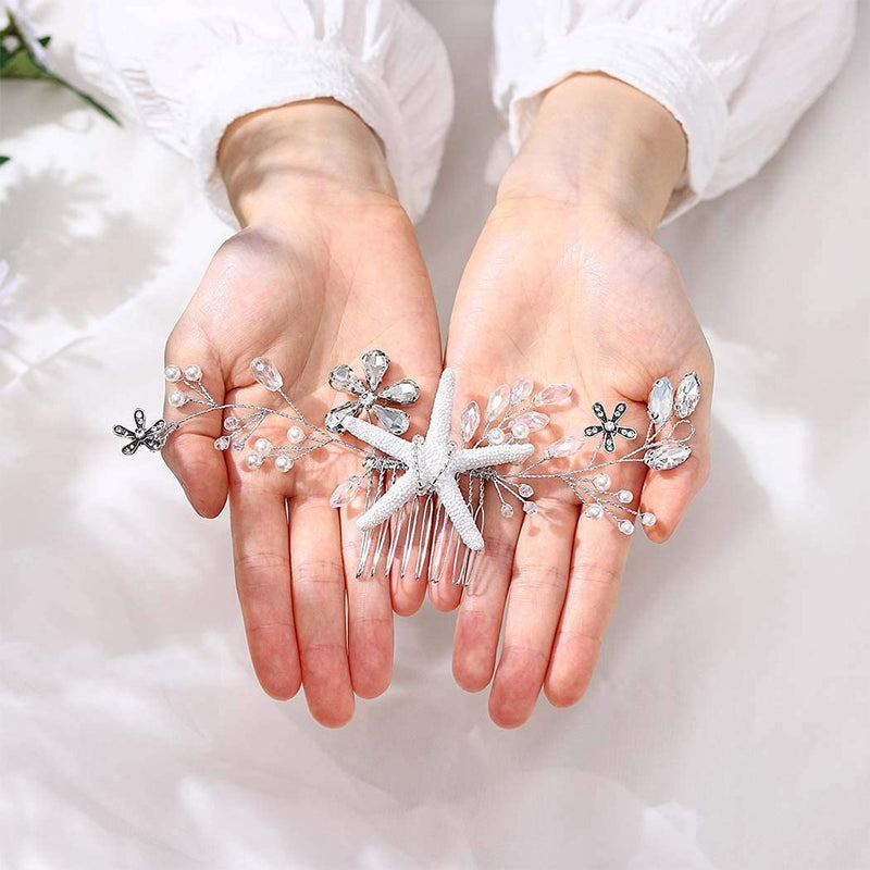 Yean Starfish Bride Wedding Hair Comb Sliver Crystal Beach Bridal Hair Piece Flower Hair Accessories for Women and Girls Yean