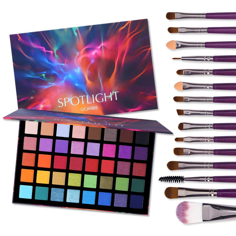UCANBE Spotlight Eyeshadow Palette + 15 PCS Eye Brushes Makeup Set, Professional 40 Color Matte Shimmer Glitter Eye Shadow Pallet Highly Pigmented Waterproof Long Lasting Make up Pallete UCANBE Store