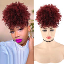 LEOSA Wig Afro Puff Drawstring Ponytail Bun with Bangs Heat Resistant Synthetic Short Kinky Curly Ponytail Updo Hair Extensions with Two Clips,Natural looking Curly Women Hairpieces (