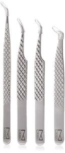 M LASH Set Of 4 Diamond Grip Eyelash Extensions Tweezers - Japanese Steel Lash Supply (Silver) M Store