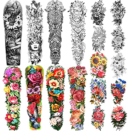 Full Arm Waterproof Temporary Tattoos 8 Sheets and Half Arm Shoulder Tattoo 10 Sheets, Extra Large LastingTattoo Stickers for Girls and Women (22.83"X7.1") Yazhiji