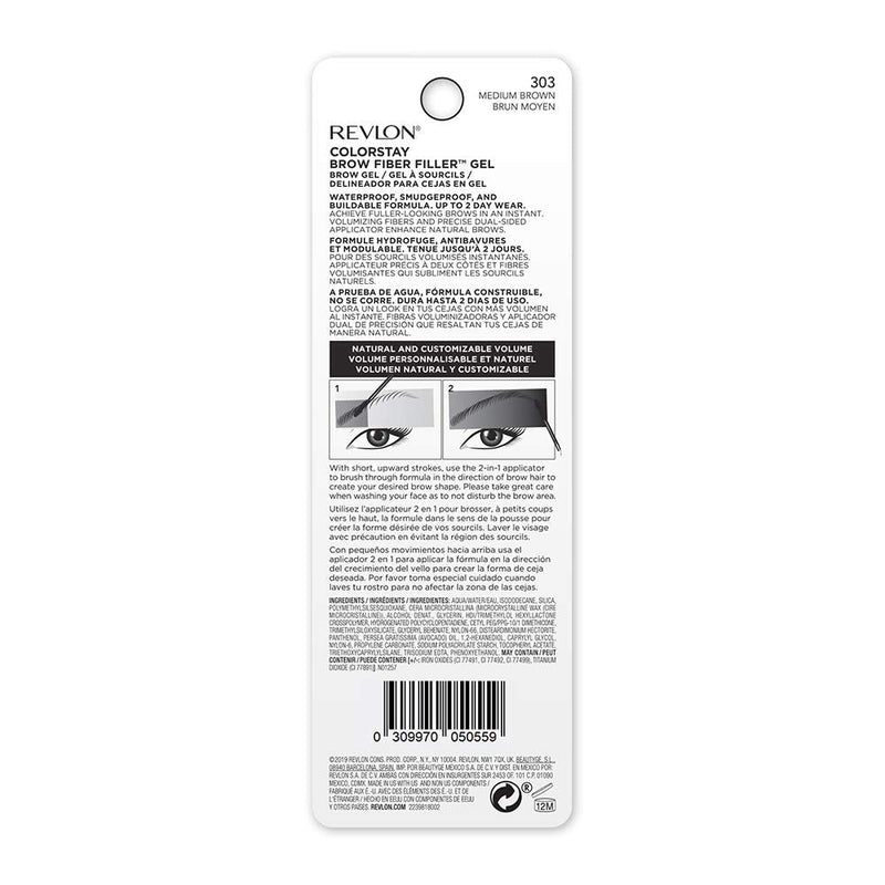 Revlon ColorStay Brow Fiber Filler, Longwearing & Volumizing Waterproof Eyebrow Gel, 303 Medium Brown, 0.23 fl. oz. REVLON Store