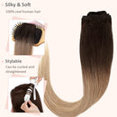 Hairro 100% Human Hair Clip in Extensions Thin 16 Inch Long Straight Ombre Medium Brown to Dark Blonde Human Hair Clip on Hairpieces 65g Machine Weft 8pcs 18 Clips for Women