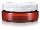 4 oz / 120 ml Amber PET Plastic (BPA Free) Refillable Extra Low Profile Jar with White Metal Lid (6 Pack) JUVITUS