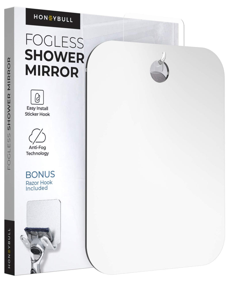 HONEYBULL Shower Mirror Fogless for Shaving - (Large 8x10in) Flat Anti Fog Mirror with Razor Holder for Shower, Mirrors, Shower Accessories, Bathroom Mirror, Bathroom Accessories, Holds Razors For Men HONEYBULL