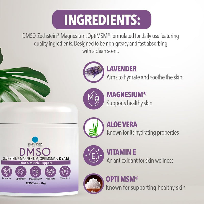 Dr. Robaina Lavender DMSO Cream - 99.9% Pure Pharmaceutical Grade | Skin Nourishing Formula with Zechstein Magnesium, Arnica, Aloe Vera, Vitamin E - 4 oz | Made in USA Infinity Warehouse