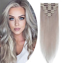 Benehair Clip in Remy Hair Extensions Human Hair Grey for Women 20 inch 70g Light Long Seamless Clip on Real Hair Skin Weft Rooted Clips Hairpiece 8pcs Weft Long Straight Full Head Benehair