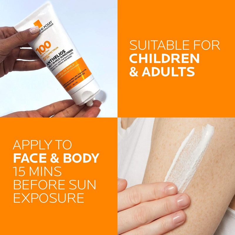 La Roche-Posay Anthelios Melt-in Milk Body & Face Sunscreen Lotion Broad Spectrum SPF 100, Oxybenzone & Octinoxate Free, Sunscreen for Kids, Adults & Sun Sensitive Skin, Unscented, 3 Fl oz La Roche-Posay