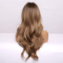 Esmee 24" Long Wavy Wigs with Bangs Dark Brown Roots Light Brown Wigs for Women Long Wave Brown Ombre Hair with Blonde Wigs,Heat-resistant synthetic wigs for daily parties and role-playing. Esmee