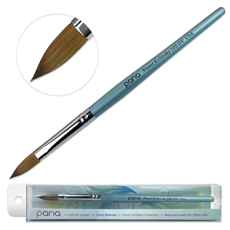 PANA USA Pure Kolinsky Hair Acrylic Nail Brush - Oval Crimped Teal Wood Handle (Size 10) PANA