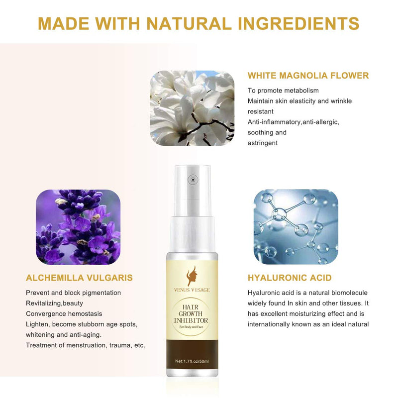 Hair Inhibitor 50ml Upgraded, Hair Stop Growth Spray, Non-Irritating Hair Removal Inhibitor for Body and Face, Arm, Armpit, Leg for Men and Women VENUS VISAGE