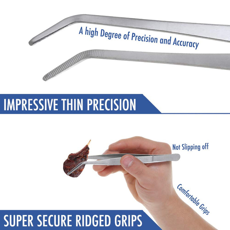 FYBREX 8 inches Stainless Steel Tweezers Curved Tips, All-purpose Forceps Professional Tweezers Tongs with Comfortable Ridged Handle for Beauty Crafting Cooking Repairing and General Purpose Comfecto
