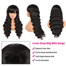 Loose Deep Human Hair Wigs with Bangs Brazilian Virgin Loose Deep Human Hair Wigs None Lace Front Wigs Human Hair 130% Density Glueless Machine Made Bob Wigs for Black Women Natural Color 22 Inch Beafay Hair