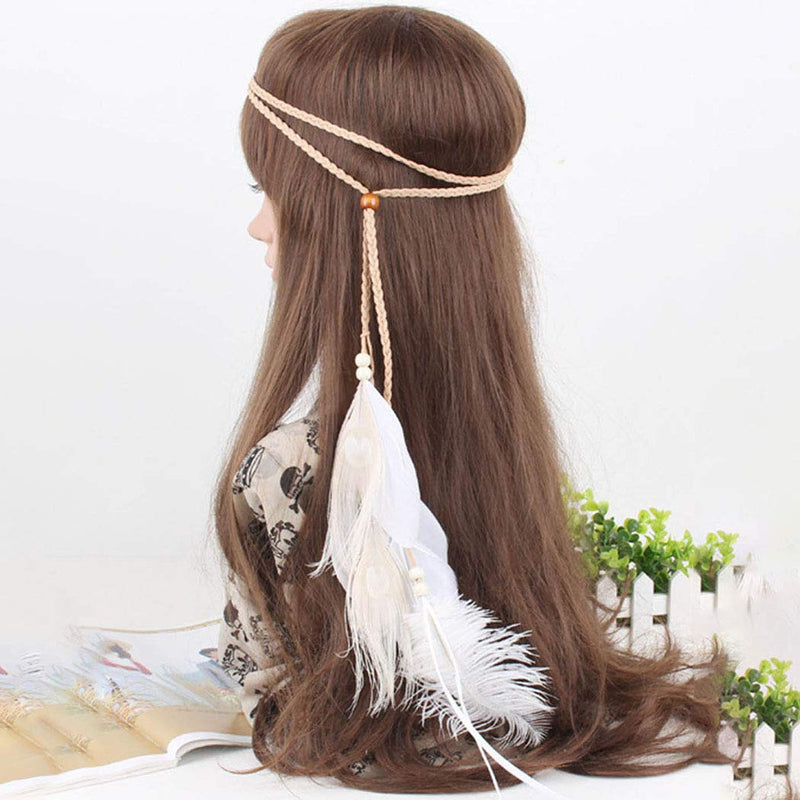 Nicute Boho Feather Headbands Peacoak Headpieces Festival Costumes Hair Accessories for Women and Girls (Beige) Nicute
