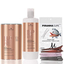 Schwarzkopf BlondMe Premium Lightener 9+ Dust Free Powder Bleach 450 grams, Schwarzkopf BlondMe Premium Developer 6% / 20 Volume 1 Liter, M Hair Designs Piranha Clips (Bundle - 3 items) M Hair Designs