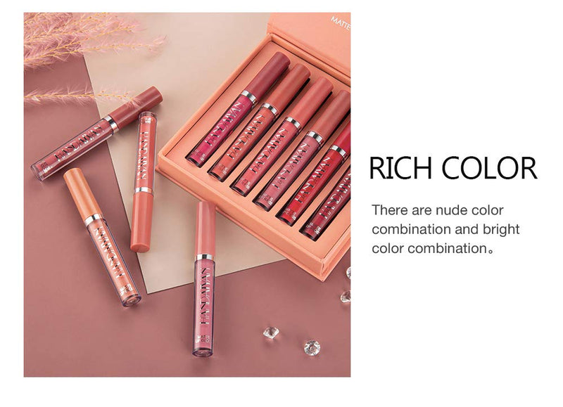 Matte Nude Liquid 6Pcs/Set Lipstick Velvety Long Lasting and Waterproof Makeup Set Non-Stick Cup Moisturizer Durable Lip Gloss kit (B) MYUANGO Store
