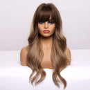 Esmee 24" Long Wavy Wigs with Bangs Dark Brown Roots Light Brown Wigs for Women Long Wave Brown Ombre Hair with Blonde Wigs,Heat-resistant synthetic wigs for daily parties and role-playing. Esmee