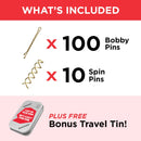 Hawwwy 110 Ultimate Bobby Pins, Includes 10 Spin Pins and 100 Bobby Pins In Cute Storage Tin (Gold Combo) HAWWWY Store