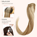 Hairro 100% Human Hair Clip in Extensions Thin 16 Inch Long Straight Highlight Golden Brown Mix Bleach Blonde Human Hair Clip on Hairpieces 65g Machine Weft 8pcs 18 Clips for Women 2 Tones