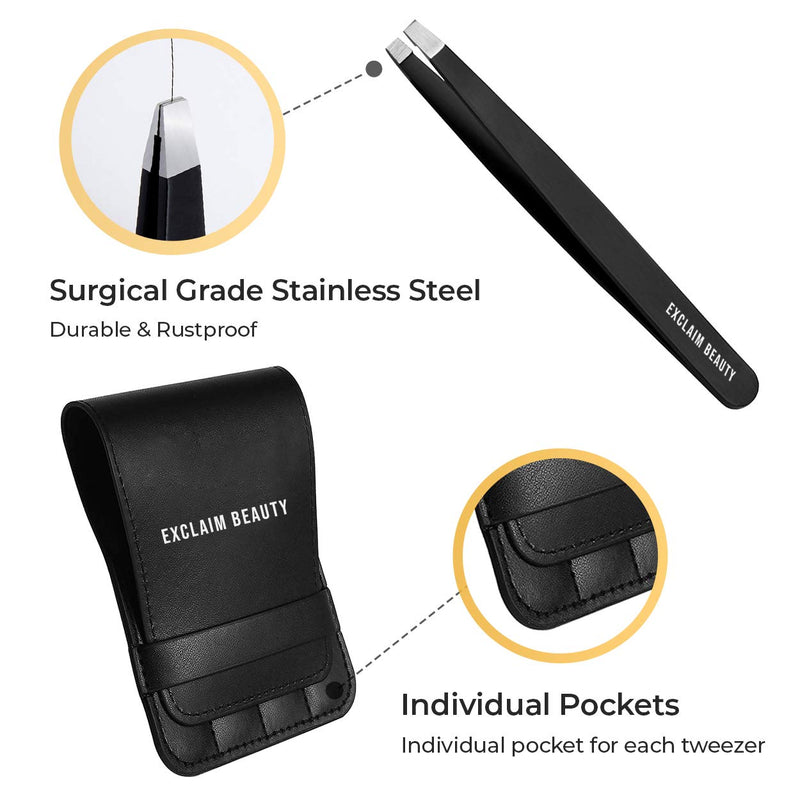EXCLAIM BEAUTY Tweezers for Women & Men Pack of 4 Stainless Steel Tweezers Set, Precision Tweezers for Eyebrows Splinter Ingrown Hair Removal Tweezers Kit for Women with Leather Case – Matte Black Exclaim Beauty