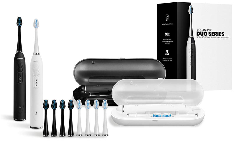 AquaSonic Duo Dual Handle Ultra Whitening 40,000 VPM Wireless Charging Electric ToothBrushes - 3 Modes with Smart Timers - 10 Dupont Brush Heads & 2 Travel Cases Included Aquasonic