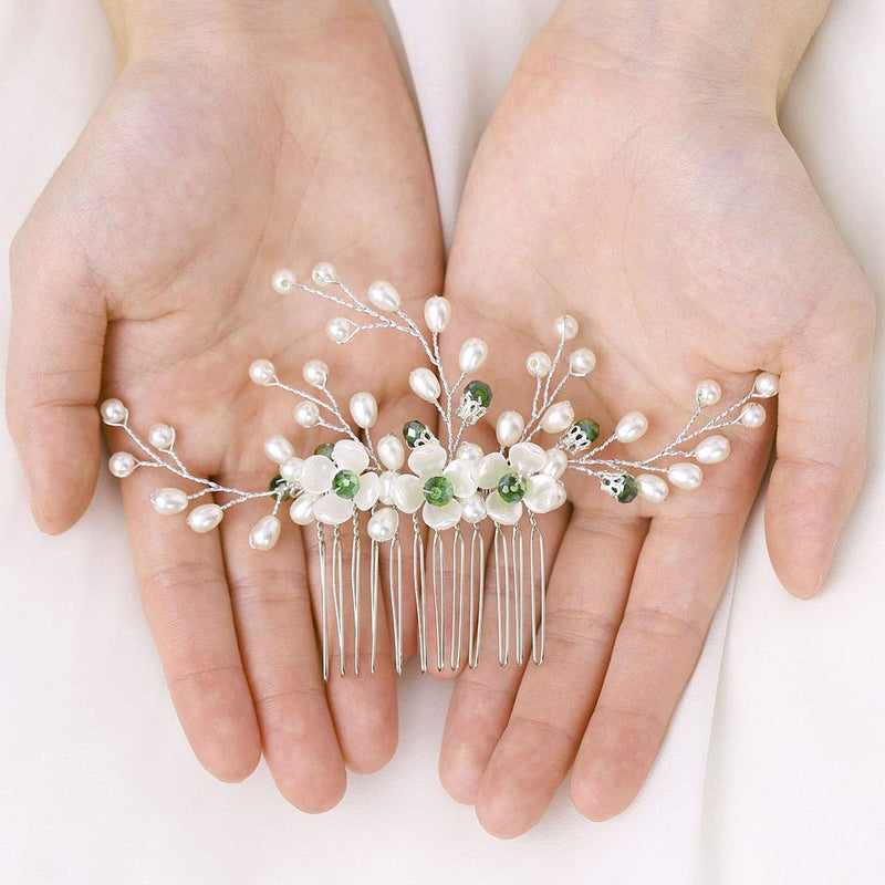 Yean Bride Flower Wedding Hair Comb Silver Bridal Hair Piece Pearl Hair Accessories for Women and Girls Yean