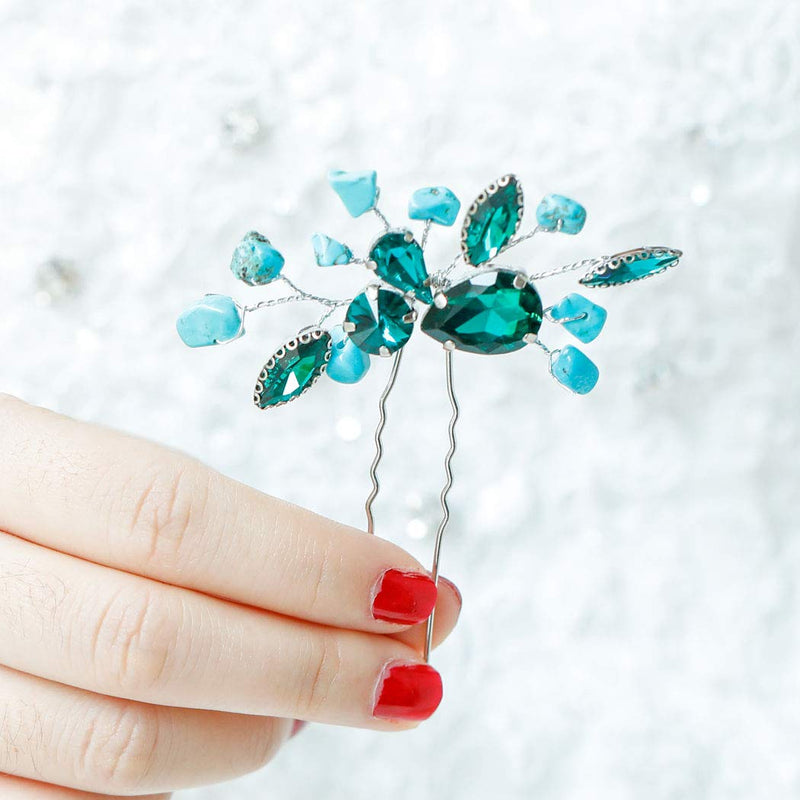 Aukmla Bride Wedding Hair Pins Turquoise Crystal Flower Hair Accessories Headpiece Decorative for Women and Girls Aukmla