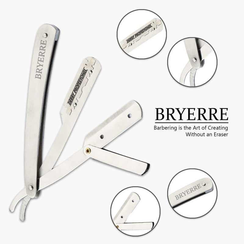 BRYERRE Professional Barber Straight Razor Safety Edge with 100-Pack Derby Blades 100 Percent Stainless Steel for Smooth Shave (Silver) BRYERRE