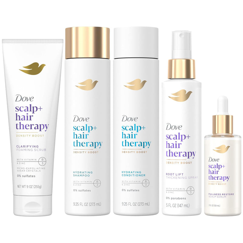 Dove Scalp + Hair Therapy Bundle – Clarifying Foaming Scrub, Hydrating Shampoo & Conditioner, Root Lift Thickening Spray + Fullness Restore Scalp Serum (5 Piece Set) Infinity Warehouse