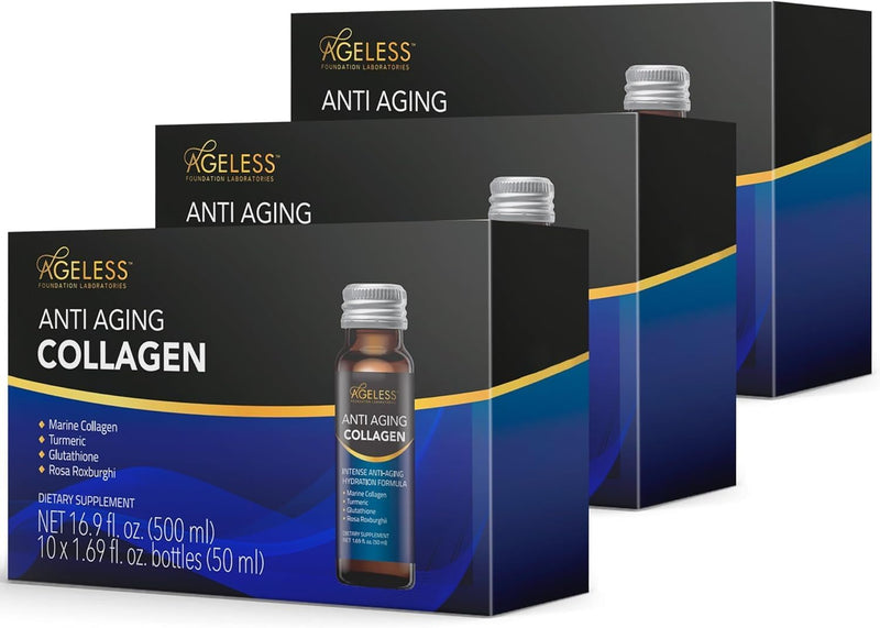 Ageless Anti Aging Collagen Liquid - Marine Collagen, Turmeric, Glutathione, and Rosa Roxburghi - 50 ml (10 Count) Infinity Warehouse
