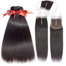 ALLRUN Straight Hair Bundles with Closure Middle Part(10 12 14+10closure) Brazilian Straight Human Hair 3 Bundles with Middle Part Lace Closure Human Hair Extensions Natural Black Color ALLRUN Store